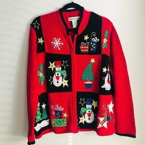 Seventh Avenue Red Christmas Holiday Full Zip Cardigan Sweater Size XL